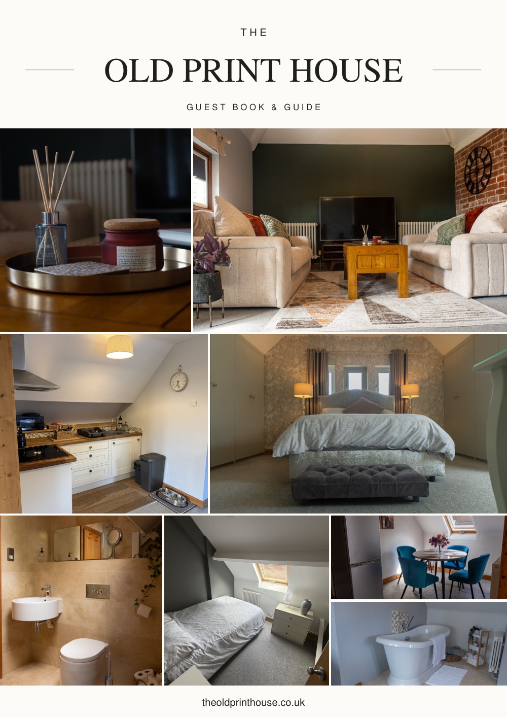 The Old Print House guest book cover, featuring photographs of the apartment